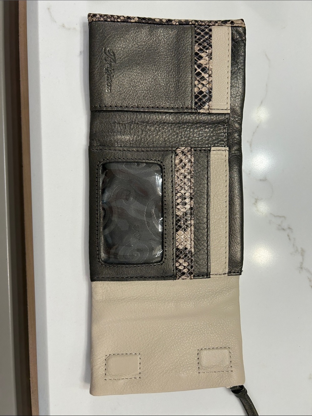 Brighton Black and Cream Leather Tri-Fold Wallet with Snake-Print Trim